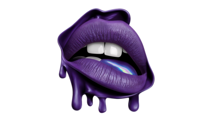 Purple glossy lips isolated on transparent background.