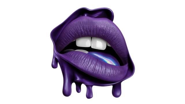Purple glossy lips isolated on transparent background.