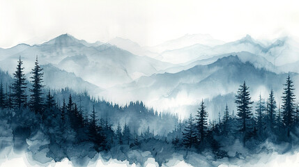 Misty mountain landscape at dawn with evergreen trees and tranquil atmosphere