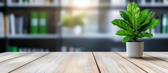 Blurred Empty White Tabletop with Bookshelf and Green Plant in Modern Home Office Interior Background