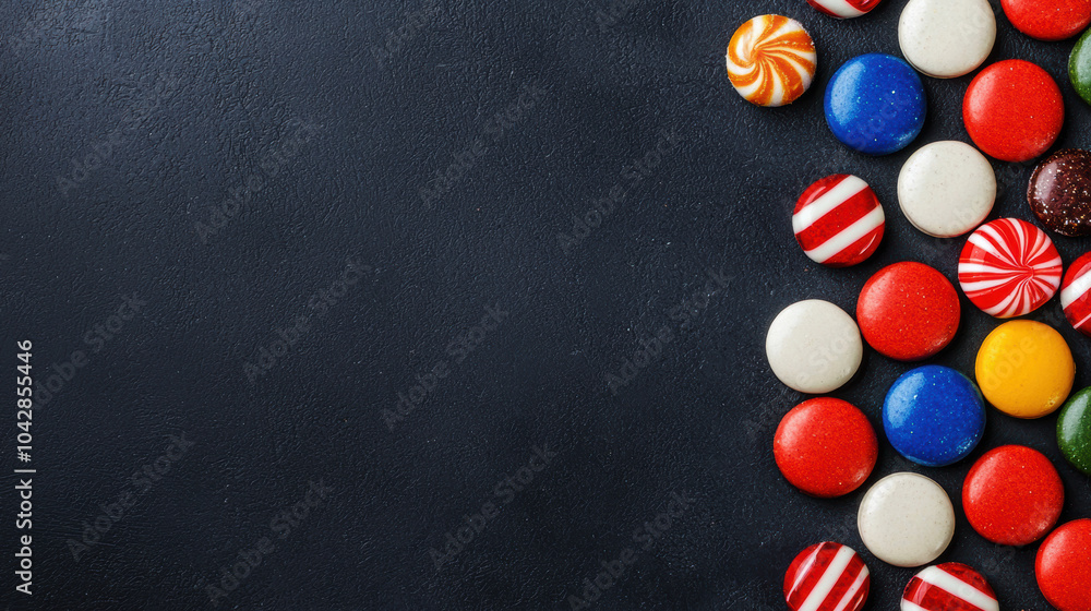 Poster colorful candies arranged on a dark surface, showcasing various shapes and designs, creating a vibra