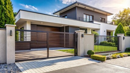Enhanced accessibility automatic gate fence driveway and house with garage for convenient entry minimalist