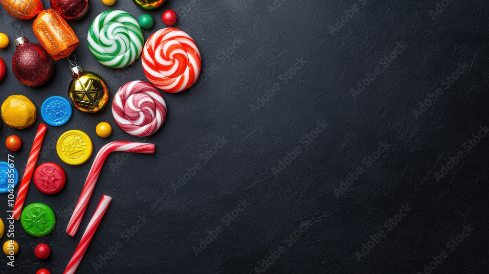 Poster a colorful array of assorted candies and sweets displayed on a dark surface, featuring lollipops, ch
