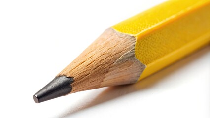 Fototapeta premium Close-up view of yellow pencil tip isolated on white background with clipping path macro