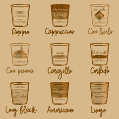 Different coffee in vintage style drawing with golden stripe line on the craft paper
