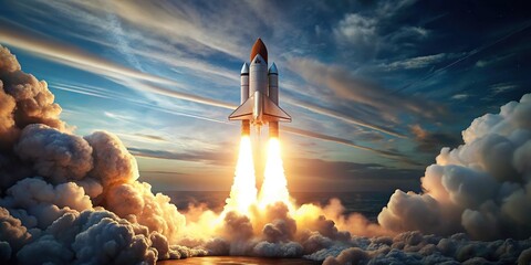 Lifelike rocket soaring in a light academia style with realistic figures and smoke trails