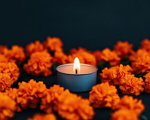 A serene candle surrounded by vibrant orange marigold flowers.