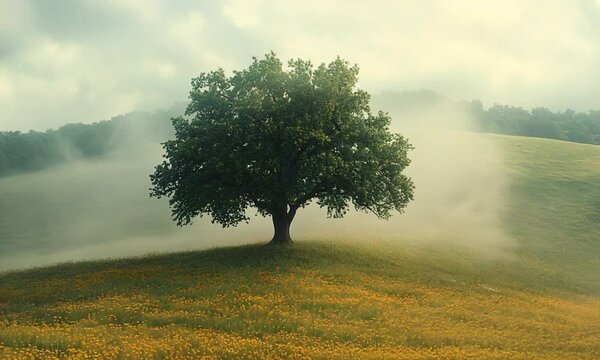 A solitary tree on a misty hill surrounded by yellow flowers.