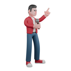 3D Character of a Male Singer. A male singer is standing with his right hand holding a mic and his left hand pointing up. Performance Scene