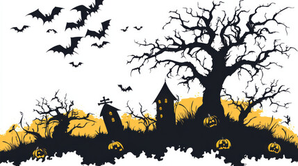 Spooky Halloween scene with bats and pumpkins on white background