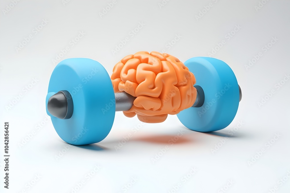 Poster brain exercise icon showcasing dumbbell with brain for smooth minimal lighting design on white