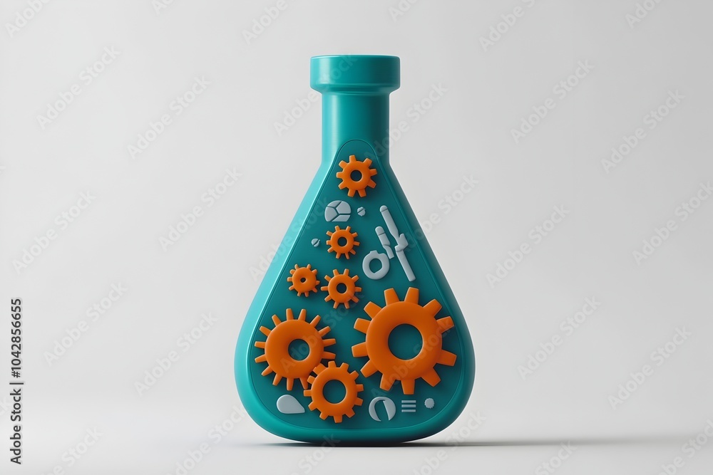 Poster stem education icon in 3d laboratory flask with gears minimalistic style on white background