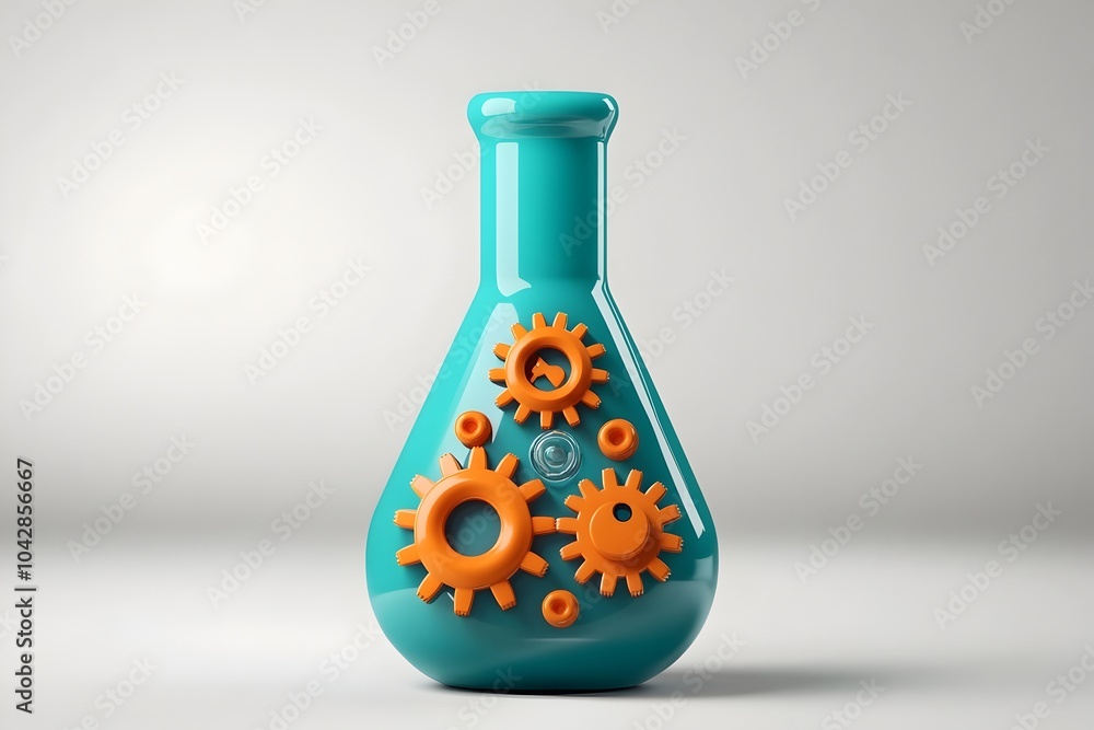 Poster stem education icon in 3d laboratory flask with gears in minimalistic smooth teal and orange design