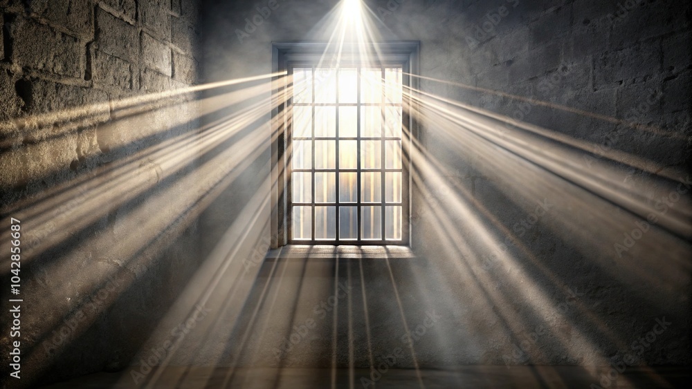 Poster light coming through a barred window with fog close-up