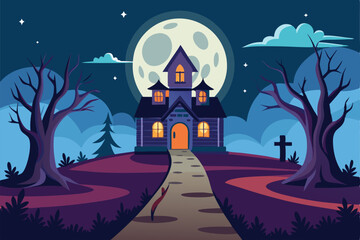 Flat Vector Illustration of a Haunted House with Path and Full Moon Spooky Halloween Design.