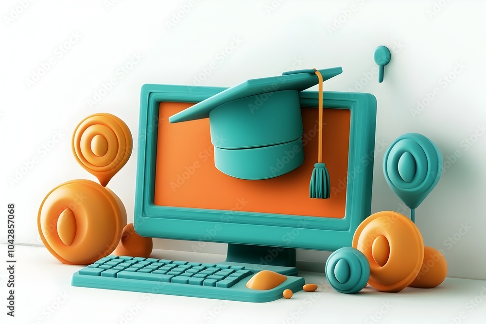 Poster online school 3d icon with computer screen and graduation cap in minimal teal and orange color