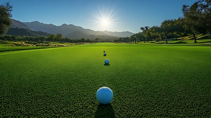 A row of golf balls on a green golf course with mountains in the background and the sun shining brightly in the sky.