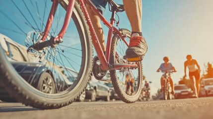 Fototapeta premium A cyclist rides through a sunny street, surrounded by parked cars and fellow bikers.