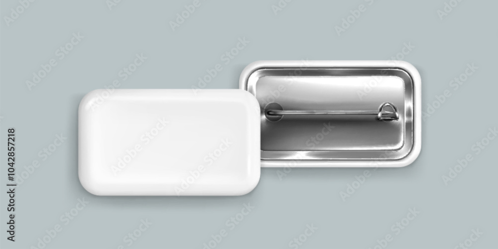 Aufkleber mockup of white rectangular pin badge displaying back view with metallic clasp and smooth blank surf