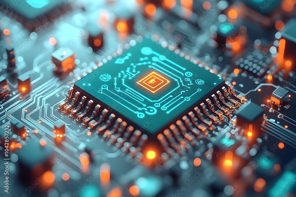 Poster futuristic microchip icon with minimal teal and orange design elements