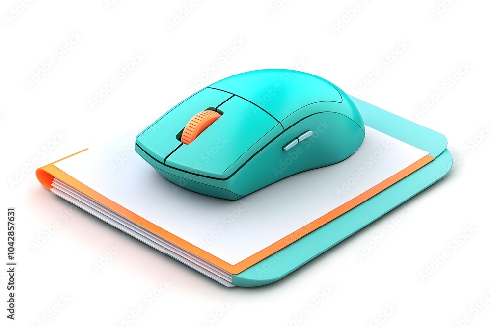 Poster online course icon in minimalist design with document and mouse on a clean teal and orange