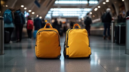 Two bright yellow backpacks await travelers in a busy airport terminal.