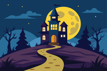 Flat Vector Illustration of a Haunted House with Path and Full Moon Spooky Halloween Design.