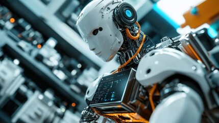 An extreme close-up of the energy-efficient power management and sustainable battery technology of a humanoid service robot in a robotics innovation lab, Robotics style, photo of