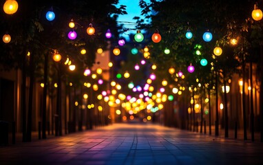 Vibrant street scene adorned with colorful lanterns illuminating the evening atmosphere.