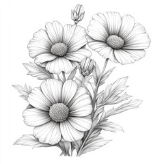 Detailed Black and White Flower Line Drawing