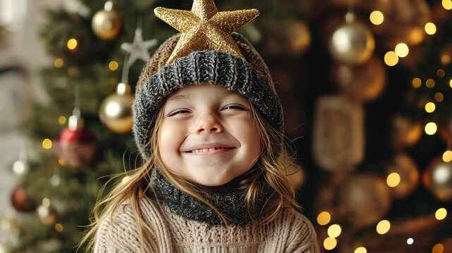 playful girl stick the golden star tree-topper on her wool cap, smiling with proud and joy, happy Christmas time