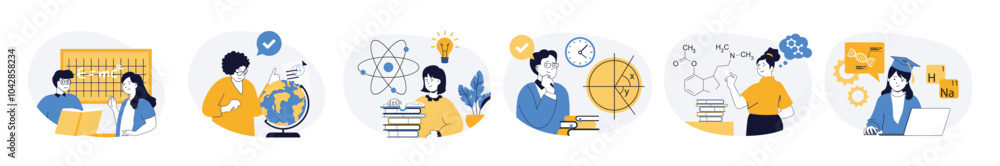 Poster Education concept set with characters in flat design for web. People studying in class, answering by blackboard, getting knowledges, solving math problems and learning science. Vector illustrations.