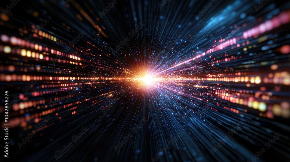 Poster a vibrant depiction of light beams and particles radiating outward, creating a sense of dynamic move