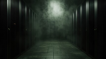 A dark, misty corridor lined with lockers, creating an eerie and mysterious atmosphere, perfect for a suspenseful scene.
