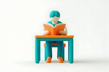3D Icon of a Person Reading Book at Minimalist Desk with Soft Teal and Orange Tone