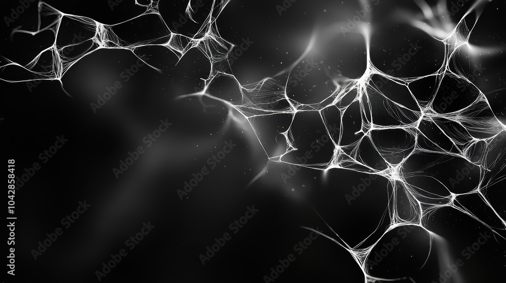 Poster a close-up, abstract image of interconnected filaments resembling a delicate web, set against a dark