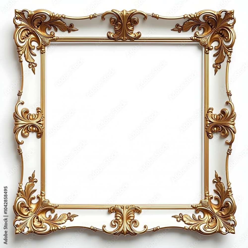 Wall mural Blank white picture frame mockup with gold antique decorative ornament and corner isolated on white background