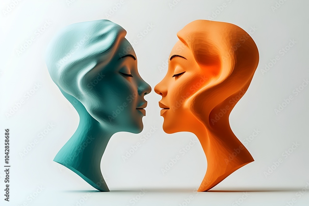 Poster minimalist 3d icon depicting two faces in dialogue with soft rounded edges and contrasting orange