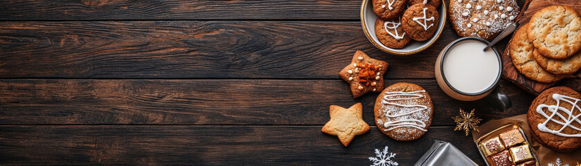 Fototapeta premium A delightful assortment of cookies and milk arranged on a wooden surface, perfect for a cozy snack or holiday treat.