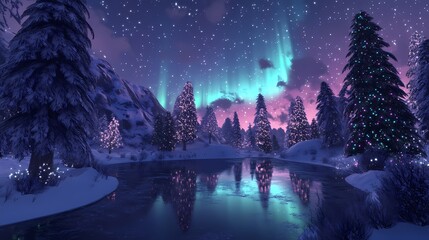 Naklejka premium Northern Lights Above a Snowy Holiday Forest