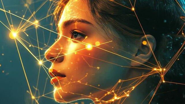 Digital human girl with a luminous AI brain network.