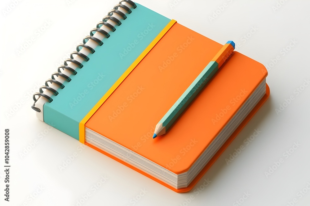 Poster minimalist 3d note icon with notebook and pencil on soft color background