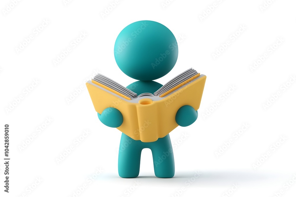 Poster reading icon in 3d person holding a book with minimalistic and smooth design in teal and yellow