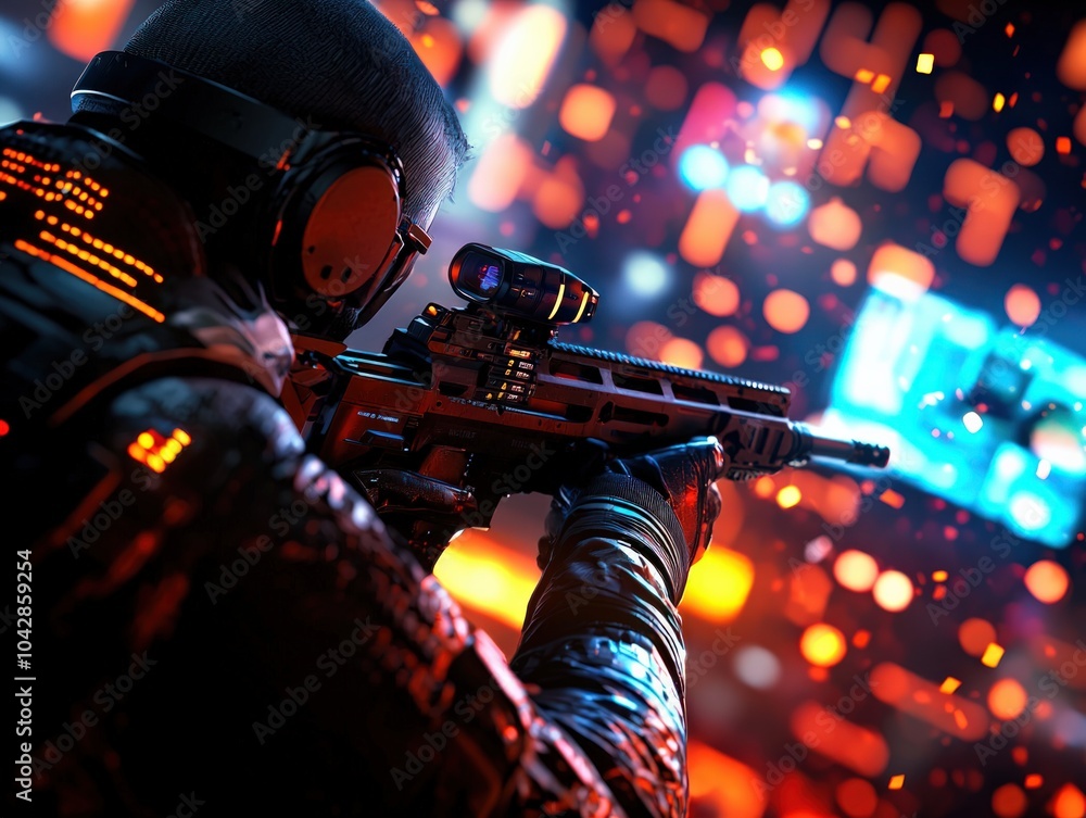 Poster dynamic action scene with futuristic soldier and enhanced weaponry in a vibrant environment