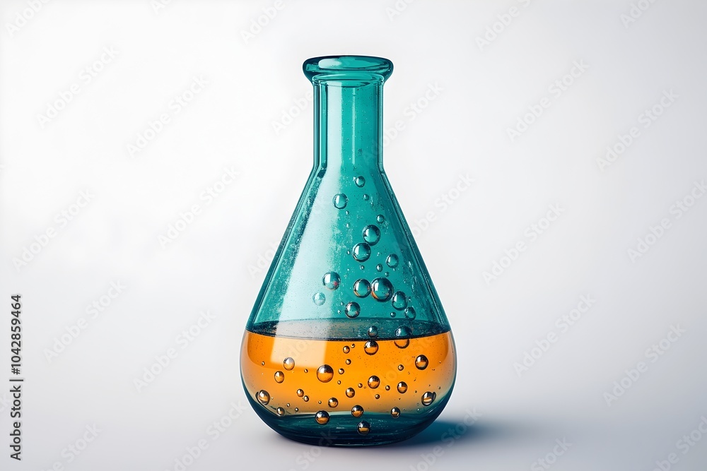 Poster teal and orange 3d research laboratory flask with bubbles on minimal white background