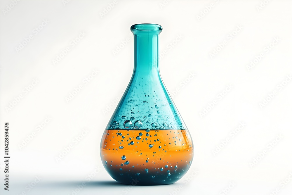 Poster smooth 3d research icon laboratory flask with bubbles in teal and orange palette on white background