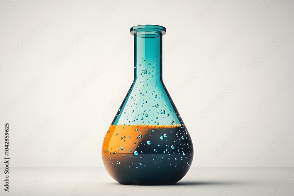 Poster minimalist 3d laboratory flask with bubbles in teal and orange palette