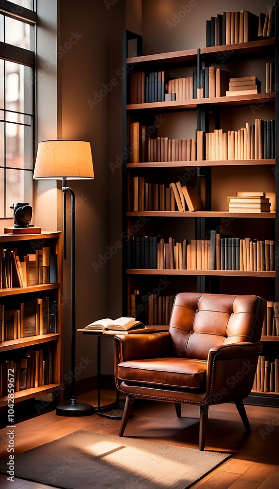 Wall mural Cozy reading nook with a leather sofa and lamp surrounded by wooden bookshelves in warm light through glass window, interior home decoration design concept