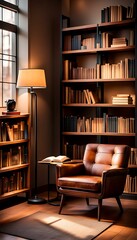Cozy reading nook with a leather sofa and lamp surrounded by wooden bookshelves in warm light through glass window, interior home decoration design concept