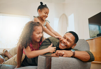Funny, tickle and support with family on sofa for love, playful game and happiness together. Care,...